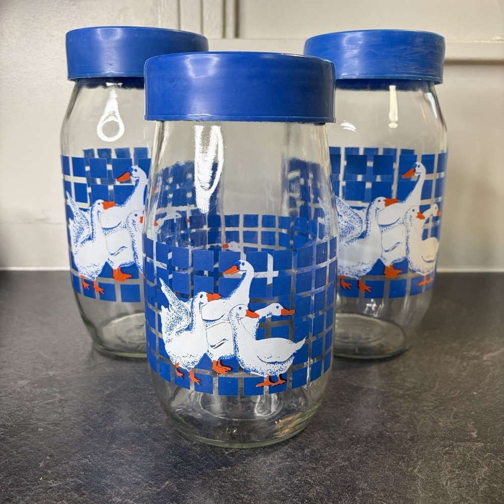 Vintage Carlton Glass Country Geese Set Of 3 Canister & Blue Lids 2L & 1.5L